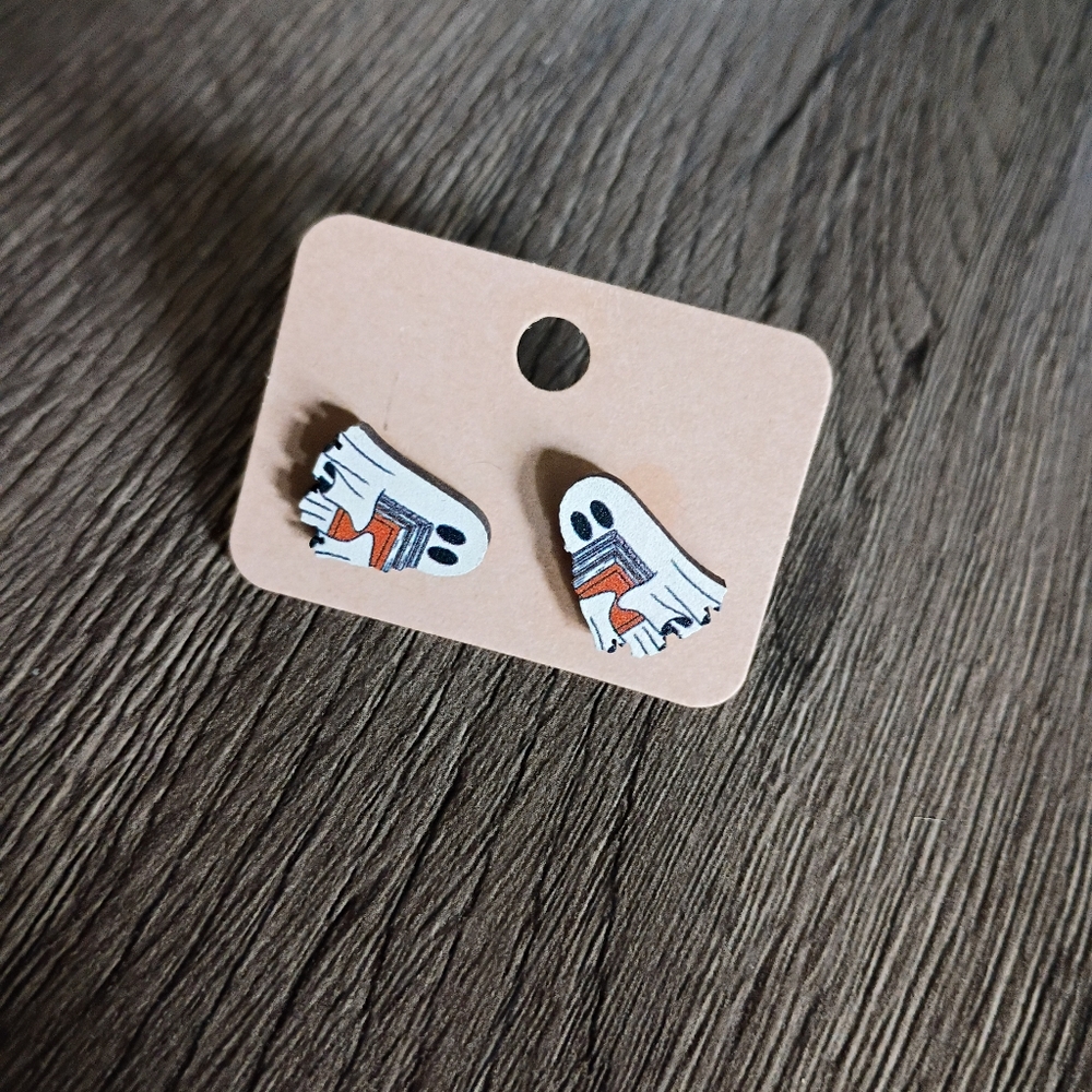 New Wooden Ghost With Books Halloween Earrings